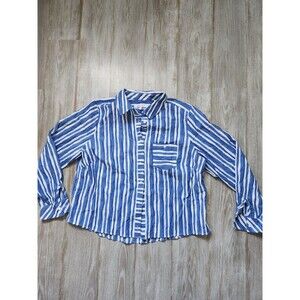 Foxcroft Women Textured Long Sleeve Button Up Shirt Blue White Stripe Sz 16W